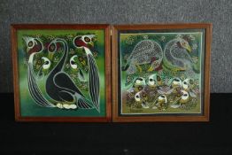 A pair of framed and glazed acrylic paintings, exotic African birds, signed E Kimambo. H.36 W.