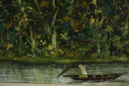 A framed and glazed acrylic on board, African river scene with a figure in a boat, signed John