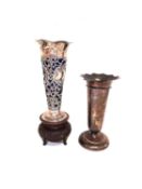 Two silver trumpet vases, one pierced floral and foliate design vase mounted on a Chinese carved