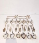 A collection of 19th and 20th century silver spoons, including three sets of silver dessert and