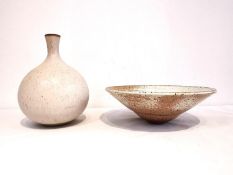 Two pieces of glazed stoneware pottery, the white glaze bottle vase with makers stamp LP along