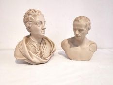 Two late 18th century Turner busts, one of 'Addison', the white stoneware wears a loose robe over an