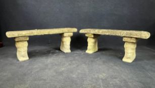 A pair of weathered composition stone three section garden benches. H.43.5 W.115 D.34cm.