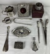 A collection of English hallmarked silver and white metal items to include pocket watch holder,