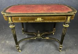 A late 19th century ebonised and ormolu mounted Louis XVI style writing table with inset leather top