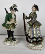 A pair of 19th century hunting figures, Potschappel, marked to base. H.19cm