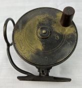 A vintage brass Mallochs fishing reel, marked and inscribed. D.10 reel W.4.5cm