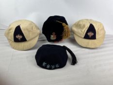 A pair of rugby football honours caps along with two others, velvet with braid tassles and