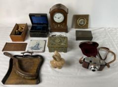An Edwardian inlaid mantle clock along with a miscellaneous group of vintage antique collectables
