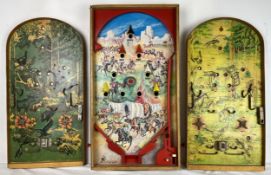 A vintage bagatelle board in rectangular case along with two others with domed tops adapted for