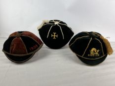Three rugby football honours caps, velvet and braid tassles, early 20th century.