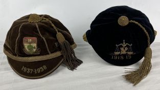 Two rugby football honours caps, velvet and braid tassles, one Edwardian the other later both with