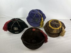 Four rugby football honours caps, velvet and braid with tassles, early 20th century.