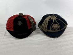 Two rugby football honours caps, velvet and braid with tassles and embroidered crests, early 20th