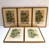 A set of five framed and glazed 19th century Indian gouache on paper miniatures depicting a
