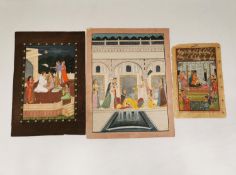 Three 19th century unframed Indian gouache on paper miniatures depicting palace scenes, one with