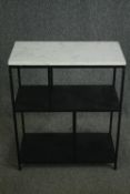 A contemporary metal open display cabinet or bookshelves with marble top. H.73 W.61 D.31cm.