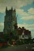 Oil on board, the church at Stoke by Nayland, label to the reverse. H.61 W.44cm.