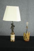 A bronze figural table lamp base in the form of a girl harvesting grapes after Moreau, together with