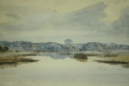A framed and glazed watercolour, view of a placid river, signed to the back Winifred Nicholson. H.41