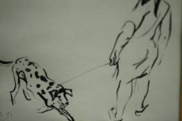 WITHDRAWN Joy Griffiths, an ink sketch, woman and dalmatian on a beach, signed, framed and glazed.