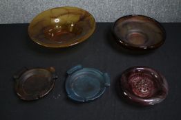 A group of five mid 20th century alabaster glass bowls and dishes. H.9 Dia.31cm.
