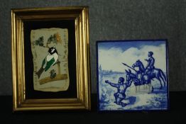 G. Ugolini, a pietra dura hardstone panel of a bird, and a blue and white glazed tile depicting