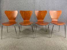 Arne Jacobsen design for Fritz Hansen, a set of four series 7 chairs, laminated ply and chrome. H.