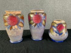 Three 1930's Charlotte Rhead Crown Ducal vases in the Granada pattern, marked to the bases. H.23cm x