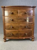 Chest of drawers, 19th century bowfronted flame mahogany. H.122cm x W.115cm x D.53cm.