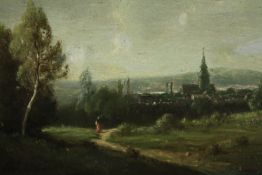 Oil on panel, English school, figure on a path with church in the distance. H.23 W.28cm.