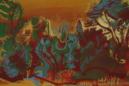 A mixed media composition, jungle landscape, indistinctly signed. H.51 W.66cm.