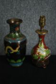 A cloisonne vase together with a similar table lamp. H.26cm. (largest).