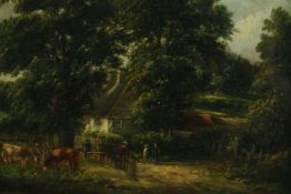 Oil on board, English school, figures in a bucolic setting, glazed. H.25 W.30cm.