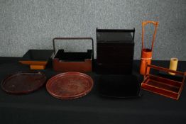 A miscellaneous collection of Japanese lacquered items, tiffin box etc. H.28 W.23 D.23cm. (largest).