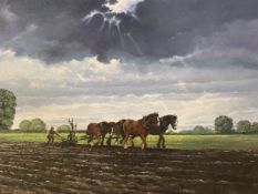 A gilt framed oil on canvas, rural farming scene, signed Derrick Hughes, signed and titled to the