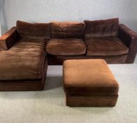 A contemporary Sofa.com corner sofa and matching footstool. H.78cm x W.290cm x D.175cm.