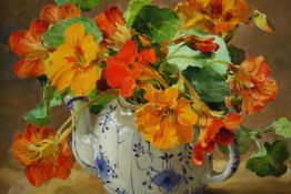 Anne Cotterill (1933-2010), oil on board, still life of flowers in a blue and white teapot,