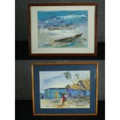 Two framed and glazed acrylic paintings, African townscape and fishing boats, signed Samkobee. H.