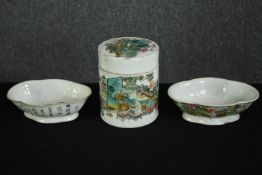 Three items of Chinese export Famille Rose wares. H.16 Dia.13cm. (largest).