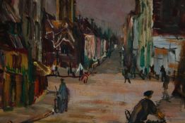 An early 20th century continental school oil on board, street scene, indistinctly signed. H.31 W.