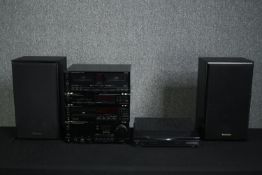 A Technics HI FI system including speakers and turntable. H.46 W.27 D.25cm. (largest).
