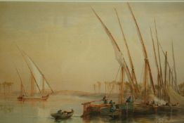 John Varley (1850-1933), watercolour, North African river scene with fishing boats, signed and