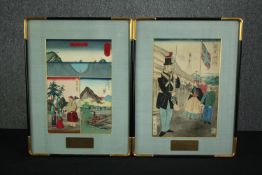 A pair of Japanese woodblock prints, with presentation plates and labels to the reverse. H.50 W.