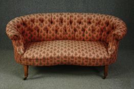 Canape sofa, late 19th century light oak in deep buttoned upholstery. H.78 W.158 D.60cm.