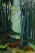 Tuema Pattie (B.1938). oil on paper, Hampshire Woodland, label to the reverse. H.75 W.59cm.