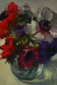 Colin Willey (B.1972), oil on board, anemones, monogrammed with label to the reverse. H.34 W.31cm.