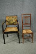 A 19th century elbow chair along with a 19th century oak bedroom chair. H.91cm. (largest).