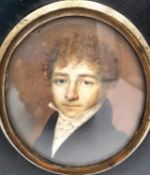 A 19th century miniature oval portrait of a gentleman in smart dress. Framed and glazed. Oval H.7.
