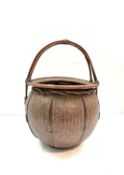 A Meji period Japanese Ikebana bamboo finely handwoven basket of spherical form. Signed to base. H.